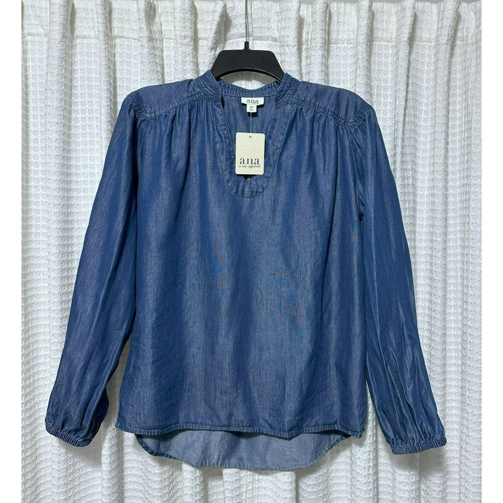 NWT A New Approach ANA Gathered Blue  Medium Wash Denim Long Sleeve Top Size XS